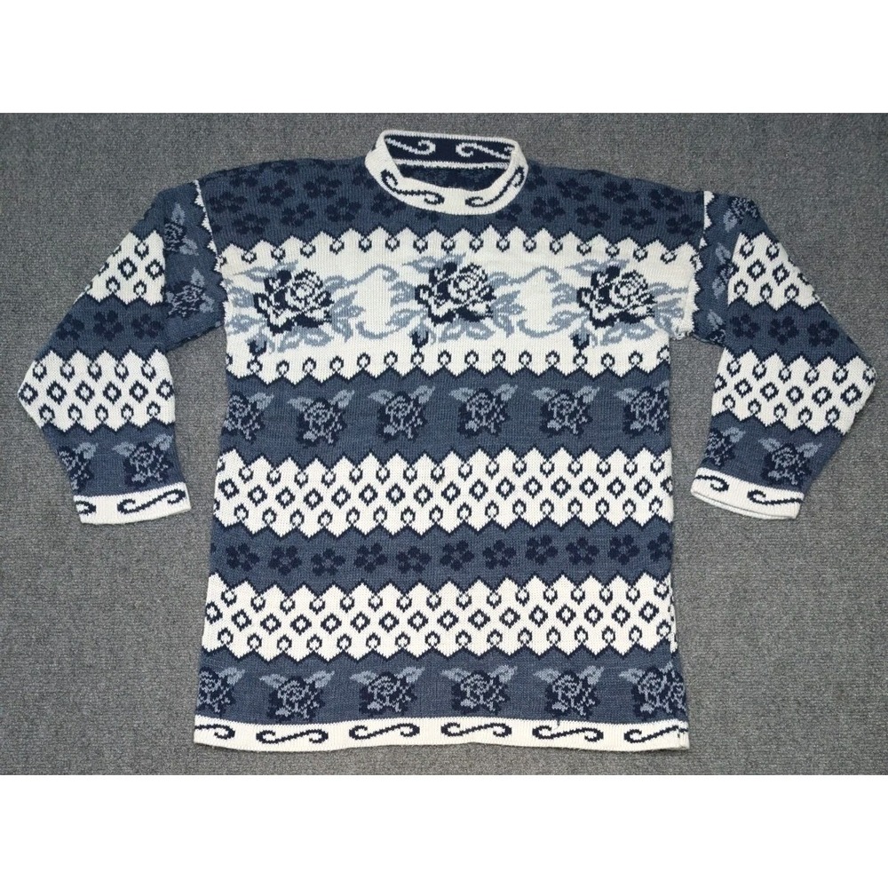 Knit Blue And White 3/4 Sleeve Crewneck‎ Pullover Sweater Roses Floral REPAIR**